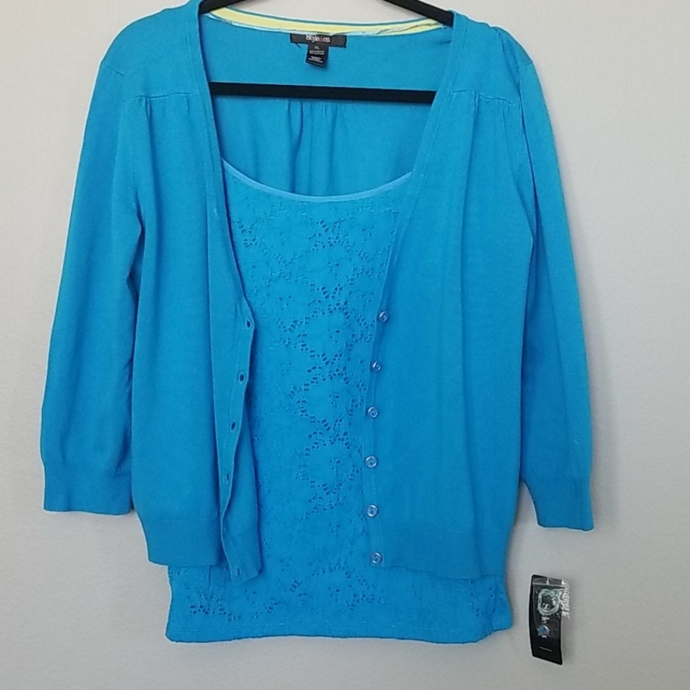 Style & Co 2 Piece Set Cardigan and Lace Tank Top Womens Medium NWT Turquoise